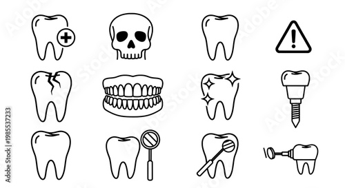Tooth icons set with dental care tools skull and denture symbols
