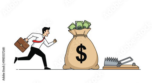 Businessman running excitedly towards a giant sack of money without noticing the dangerous bear trap ahead.