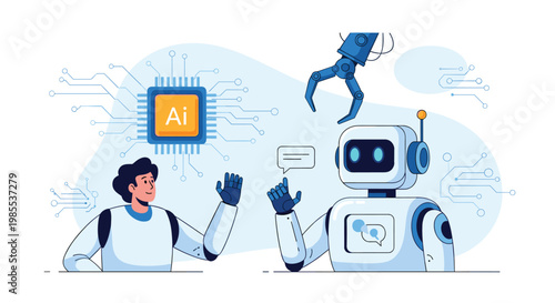 Man having a conversation with an artificial intelligence robot against a background of circuit board patterns.