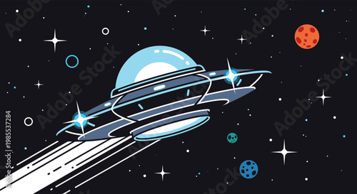 Classic flying saucer ufo soaring through the dark expanse of outer space with stars and distant planets.