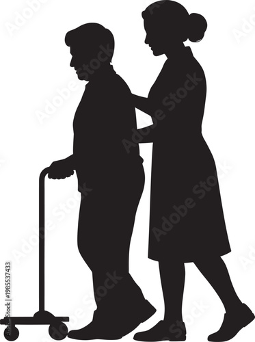 Caregiver assisting elderly person with walking cane providing support and companionship