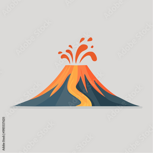 Stylized illustration of an active volcano erupting with orange lava flowing down its slopes, depicting a natural disaster scene