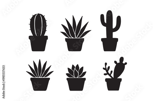 A collection of potted cacti and succulents in silhouette style