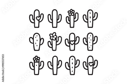 Collection of minimalist cactus and flowering succulent line art icons
