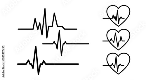 Heartbeat icons set with ecg pulse lines and heart symbols
