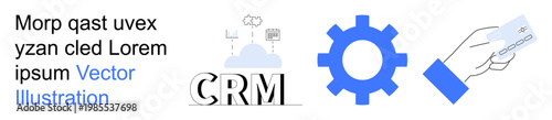 Business solutions, cloud computing, CRM, payment systems, financial transactions, gear mechanics. Visual includes CRM text with cloud, gear icon and hand holding credit card. Business solutions
