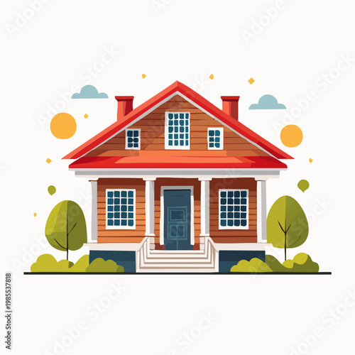 Charming suburban family home illustration with a red roof and welcoming porch, depicting comfortable modern living