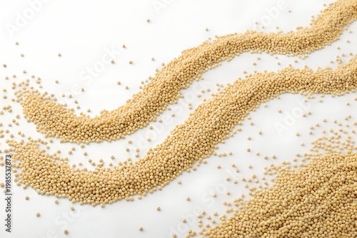 Amaranth Month A close-up view of sesame seeds arranged in wavy lines on a white surface