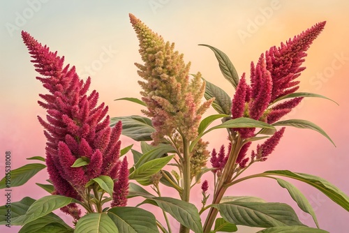 Amaranth Month A vibrant plant with red and yellow flowers against a colorful gradient background