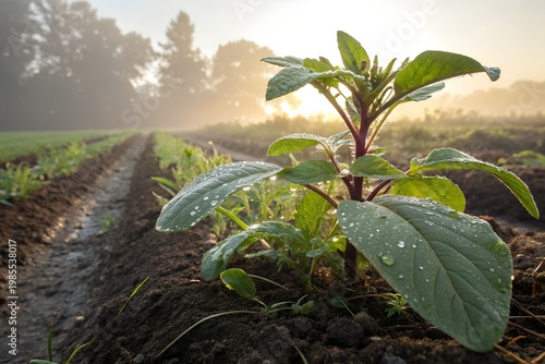 Amaranth Month A young plant grows in a field at sunrise with dew drops on its leaves