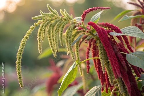 Amaranth Month A close-up view of a vibrant amaranth plant with red and green flowers in a natural outdoor setting
