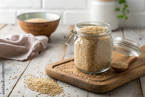 Amaranth Month A glass jar filled with sesame seeds on a wooden cutting board in a kitchen