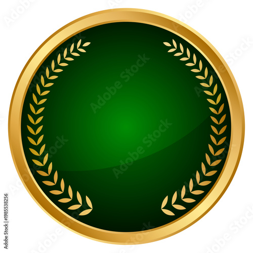 グリーン円形バッジフレーム（金縁・月桂樹装飾・空白中央デザイン素材）