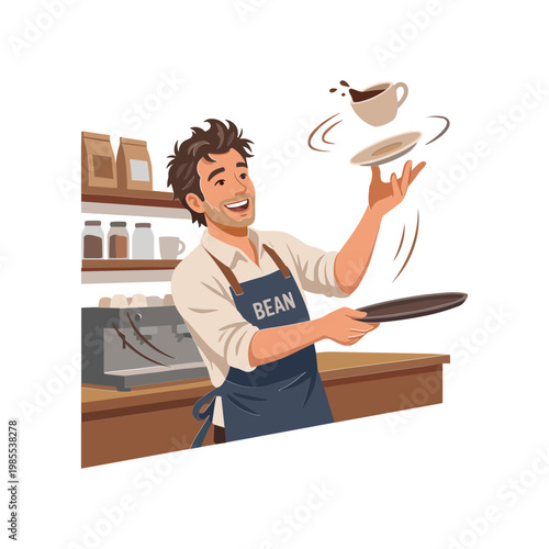 A cheerful man juggles a saucer and coffee cup in a cafe.