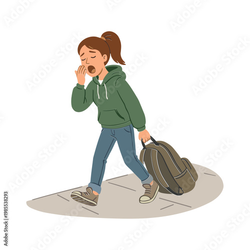 Woman walking on sidewalk while talking on phone with backpack