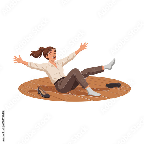 Woman sliding on a wooden floor with shoes scattered around her excitedly