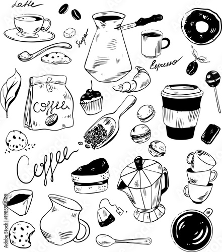Vector doodle set of coffee shop and bakery hand drawn on white background