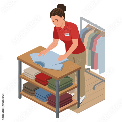 Woman folding clothes on a table in a store with rack