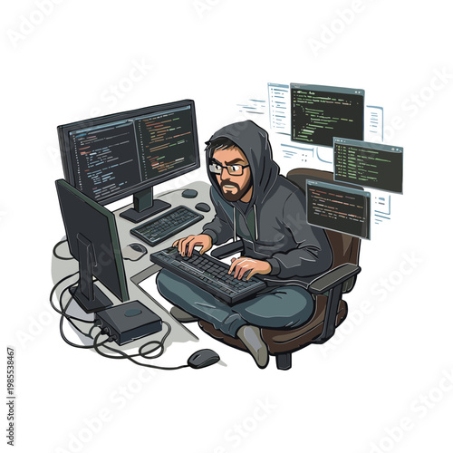 A man in a hoodie is intensely coding on his computer surrounded by multiple screens displaying code.