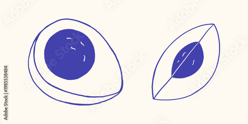 Vector mediterranean blue hand drawn doodle outline set of boiled egg halves. Clean rounded slices with yolk for healthy monochrome breakfast, nutrition layouts, cafe menus, playful food graphics.