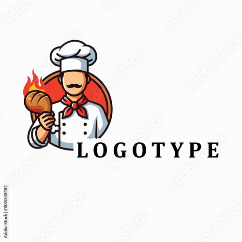 Chef Mascot Holding Flaming Roasted Chicken Leg Restaurant Logo Design