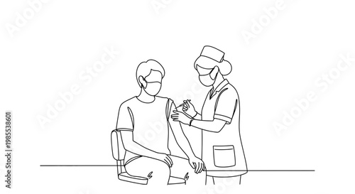 Nurse administering vaccine injection to patient wearing face mask in medical clinic setting illustration