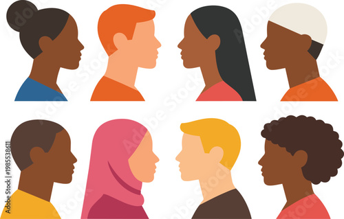 Diverse people head profile icons multicultural flat vector illustration minimal style.