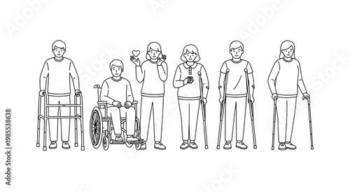 Diverse group of people with mobility aids illustration representing inclusivity