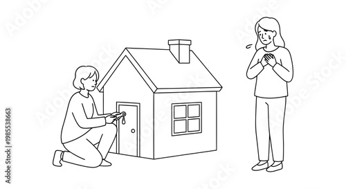 Line drawing illustration depicting a person struggling to open a door to a small house while another person looks on anxiously holding a phone symbolizing housing insecurity or eviction fears