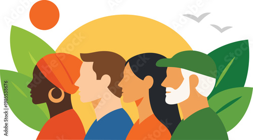 Diverse people side profile with nature elements multicultural community flat vector illustration.