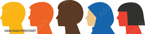 Minimal diverse people side profile silhouette flat vector illustration multicultural concept.