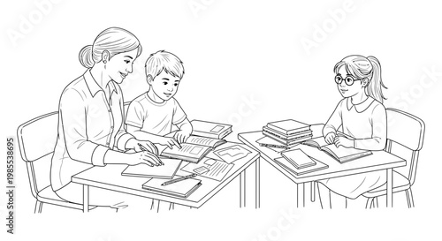 Line drawing illustration of a teacher assisting two students with their studies at desks piled with books showing education learning and mentorship
