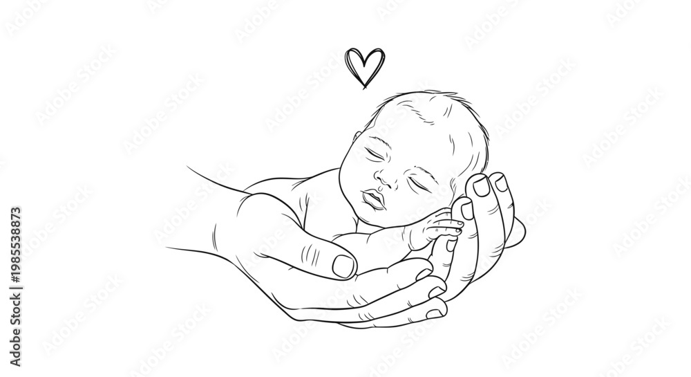 Obraz premium Hand holding sleeping baby illustration isolated on white background representing new life protection and parental care concept