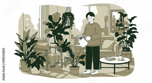 Man watering houseplants in a sunlit living room, creating a green oasis at home.