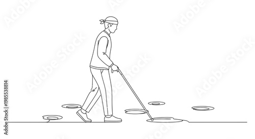 Person blindfolded navigating obstacles with cane line drawing