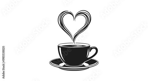 Steaming coffee cup with heart shaped steam illustration isolated on white background representing love for coffee or morning beverage ritual