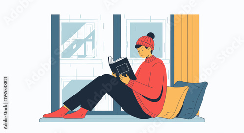 Person Reading Book Cozy Window Seat Winter Warm Clothes Illustration