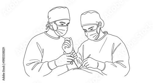 Two surgeons in scrubs and masks performing surgery illustration isolated on white background representing medical operation and healthcare team