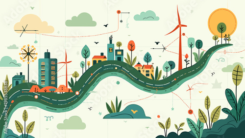 A calming and modern illustration depicting a stylized urban landscape with integrated natural elements. Ideal for branding, environmental awareness c