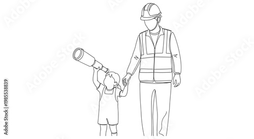 Father in safety vest holds child looking through telescope line art