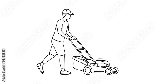 Man mowing lawn with push mower illustration isolated on white background representing yard work and suburban chore