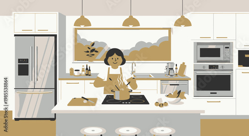 Woman cooking in modern kitchen, healthy food preparation, home lifestyle