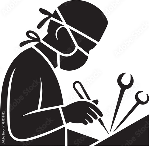Surgeon performing delicate operation using surgical tools wearing medical mask and protective cap art