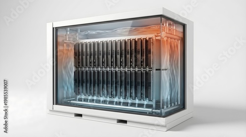 Immersion cooling server rack illustration, 3D render of liquid cooled technology for AI and HPC
