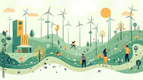 A whimsical illustration of a park setting, ideal for backgrounds, children's content, or conveying a sense of tranquility and playful simplicity. The