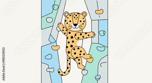 Cartoon cheetah climbing colorful rock wall illustration for kids books and games; playful climbing animal art on climbing wall background