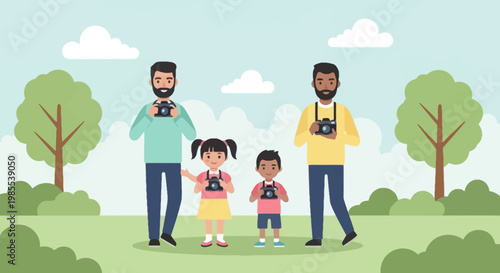 Cartoon family enjoying photography in a park with trees and clouds featuring two fathers and two children holding cameras in a flat style.