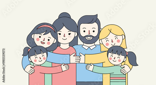 Cartoon family hug with happy smiling faces in pastel colors; illustration of two parents two daughters and a little girl in a warm embrace