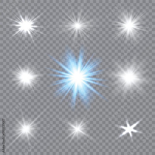 Collection of bright starbursts and sparkling light effects on transparent background