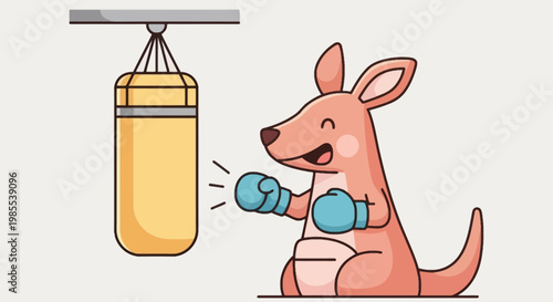 Cartoon kangaroo boxer training with punching bag illustration in vector; sports fitness and combat sports graphic for creative projects